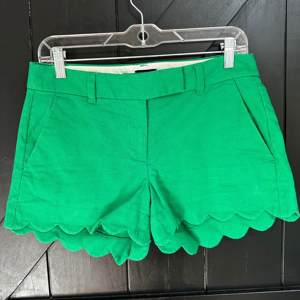 J.Crew Green Scalloped Hem Linen Blend Shorts Size‎ 2 Summer Preppy Coastal